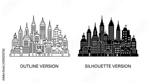 Obraz na płótnie Cityscape Duo: A comparison of two distinct cityscape representations, showcasing an intricate outline version alongside a bold silhouette version of a sprawling urban environment