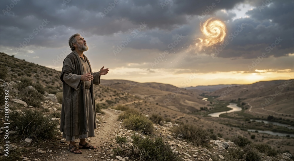 Fototapeta premium Prophet Elijah looking up as a chariot of fire ascends to heaven. Biblical miracle at sunset on a rocky hillside. Old Testament prophets and divine intervention