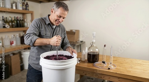 Middle aged man stirring fermenting grapes in a white bucket. Home winemaking hobby concept with glass carboy and hydrometer on a wooden table