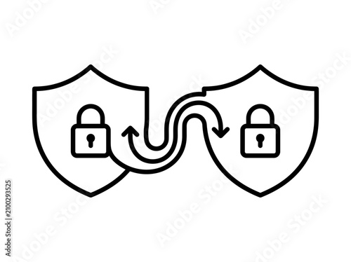 Secure data transfer illustration two shields connected by arrows representing protected information exchange