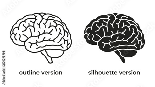 Foto Brain Illustration: Two stylized depictions of the human brain, one as a clear outline and the other as a solid silhouette, visually representing cognition and intellect