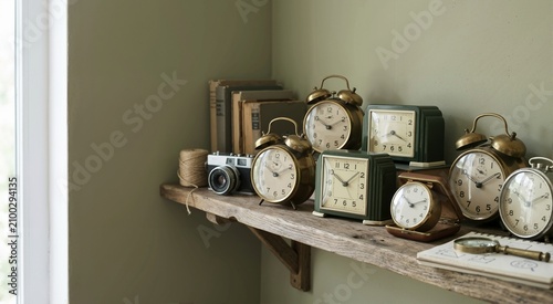 Collection of vintage alarm clocks displayed on a rustic wooden shelf. Retro mechanical timepieces arranged with an old camera and antique books. Nostalgic hobby and interior decor concept