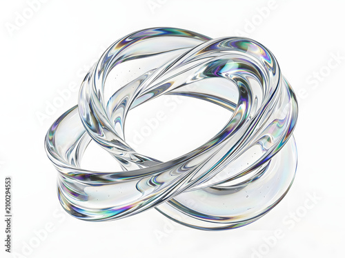 Transparent abstract mathematical knot sculpture with iridescent highlights on white