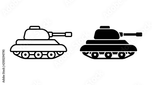 Konstfotografi Military Tank Iconography: Two stylized icons of a military tank, one in outline and the other in solid black, represent armored warfare and defense