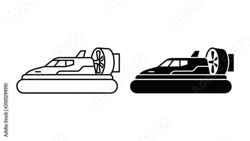 Foto Hovercraft Silhouette: A sleek hovercraft is depicted in both outline and solid silhouette forms, showcasing its unique design and amphibious capabilities