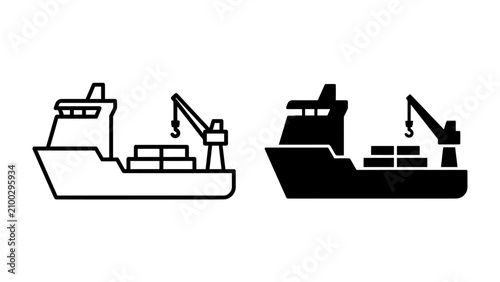 Schilderij op canvas Cargo Ship Iconography: A clear, modern icon representing a cargo ship, featuring a crane and containers, available in both outline and solid black variations for versatile design use