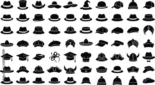 Tableau sur toile Collection Of Black Hat Silhouettes On White Background