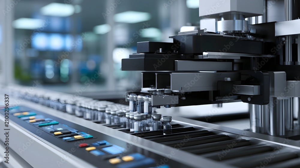 Fototapeta premium Robotic arm precisely handling rows of medical vials on an automated conveyor system inside a modern facility