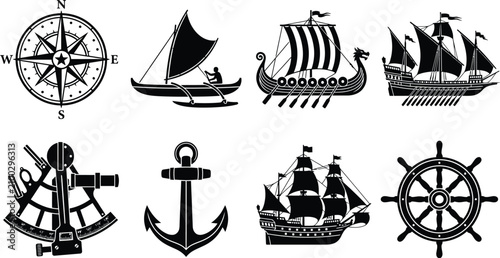 Bilde på lerret Nautical Vector Illustrations Of Ships Compass And Maritime Tools