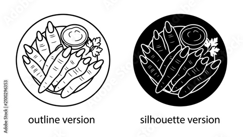 Foto Finger Food Presentation: A pair of stylized illustrations depict finger food, such as breadsticks or potato wedges, served with a dipping sauce and garnish on a plate