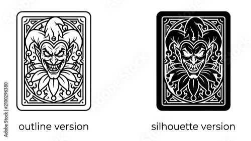 Tableau sur toile Jester Playing Card Design: A stylized illustration showcasing a mischievous jester's face on the back of a playing card, presented in both outline and silhouette versions