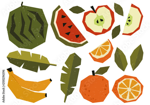 Hand drawn geometric fruit clipart collection with subtle distressed texture. Modern folk style vector set featuring watermelon, apple, orange, banana and tropical leaves.