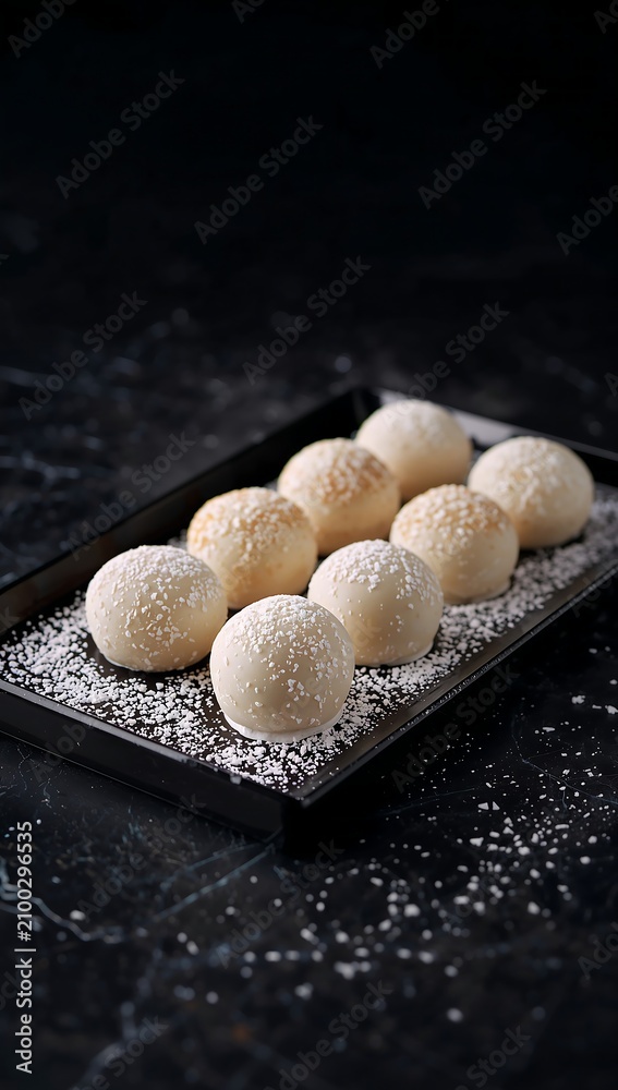 Fototapeta premium Generative AI showcases elegant spherical confections dusted with icing sugar