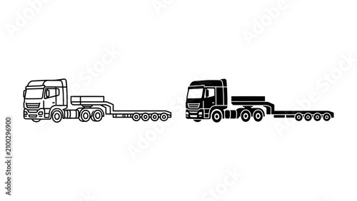 Quadro su tela Flatbed Truck Vector: Two industrial flatbed truck illustrations, one in black and white outline and the other in solid black silhouette