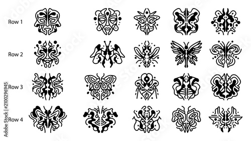 Φωτογραφία Abstract Tribal Masks and Butterfly Motifs - Black and White Line Art