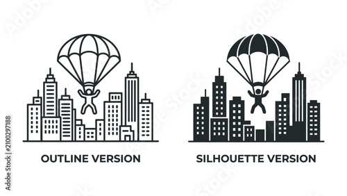 Bild auf Leinwand Urban Parachute Descent Icon Set: Minimalist outline and silhouette vector icons of a skydiver descending with a parachute over a modern city skyline, symbolizing adventure and urban flight