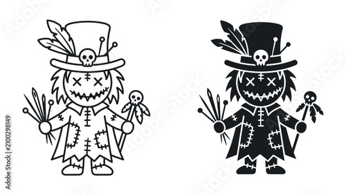 Tableau sur toile Voodoo Doll Duo: A stylized, cartoonish voodoo doll character presented in both outline and solid black versions, holding pins and a miniature voodoo doll