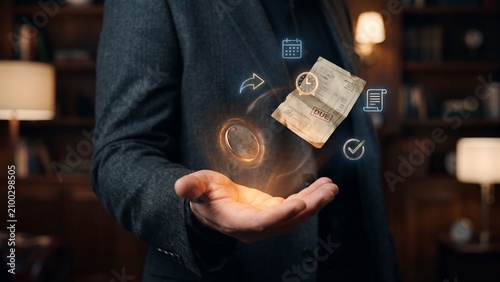 Invoice due date and bill payment reminder in businessman hand, overdue debt notice with coin money and clock deadline, accounts payable management, tax obligation and expense settlement schedule