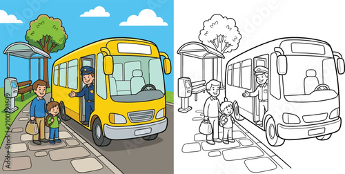 city bus driver picking up happy passengers transport vehicle cartoon clipart and lineart print vector illustration for school student educational color coloring book
