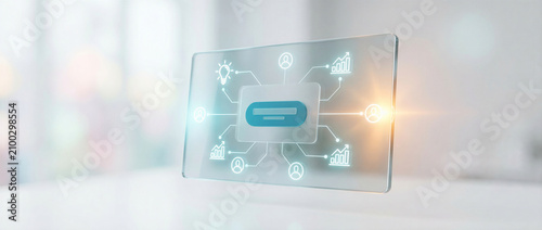 Floating glass dashboard displaying business icon workflow network