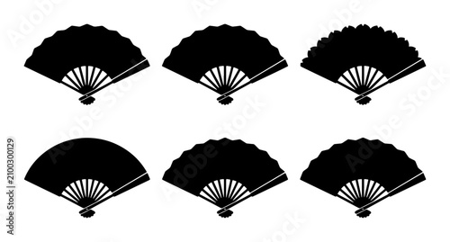 Collection of six black folding fans in different shapes and styles Vector