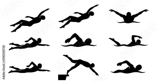 Photos Collection of swimmer silhouettes in various freestyle and butterfly swimming po