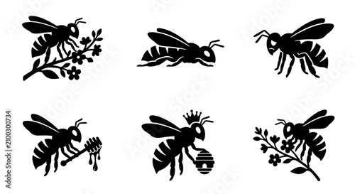 Konstfotografi 70 Six Stylized Black Bee Icons, Insect Vector Graphics, Honeycomb and Flower Mo