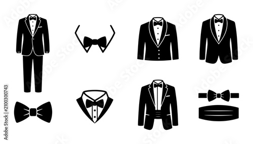 Cuadro en lienzo Collection of black tuxedo icons and bow ties for formal wear and events Vector