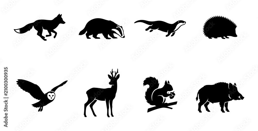 Obraz premium 70 Forest Wildlife Silhouette Collection: Fox, Badger, Otter, Hedgehog, Owl, Deer, Squirrel, Boar Vector Icons for Nature Designs 100