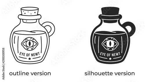 Foto Magic Potion Set: Two stylized potion bottles, one outlined and one a silhouette, both featuring an enigmatic eye symbol and the label 'Eye of Newt', representing mystical concoctions