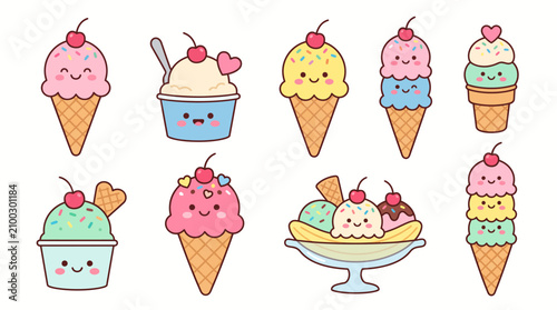 A delightful collection of cute cartoon ice cream cones, sundaes, and cups, each with a happy face and colorful toppings.