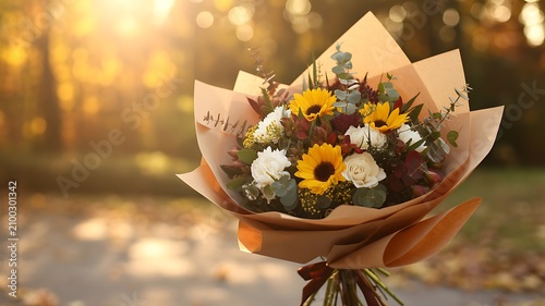 Beautiful bouquet of sunflowers and white flowers wrapped in brown paper outdoors in autumn
