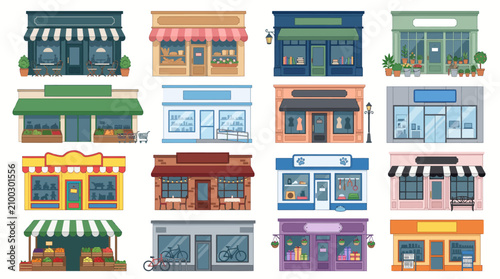 A collection of diverse and colorful small business storefronts and shop facades, featuring various architectural styles and awnings, depicted in a flat vector art style.