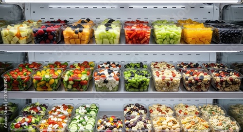 Freshly prepared vegetable and fruit salads in clear plastic boxes arranged neatly on metal shelves inside a retail refrigerator display, colorful, box, vegetable
