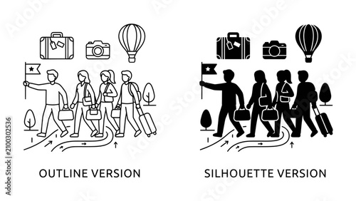 Canvas Print Travelers on a Journey: A group of diverse individuals embarks on an adventure, led by a flag bearer, carrying luggage and cameras, with hot air balloons in the sky