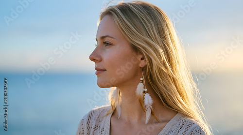 Elegant Side Profile Portrait of Blonde Woman at Golden Hour