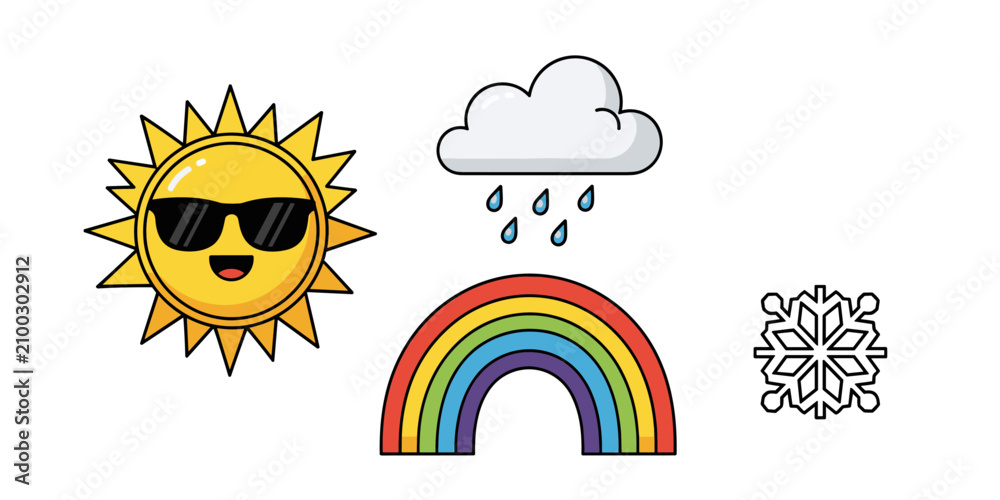 Obraz premium Set of weather icons with sun cloud rainbow and snowflake