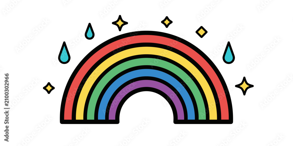 Obraz premium Bright rainbow arch with stars and rain droplets