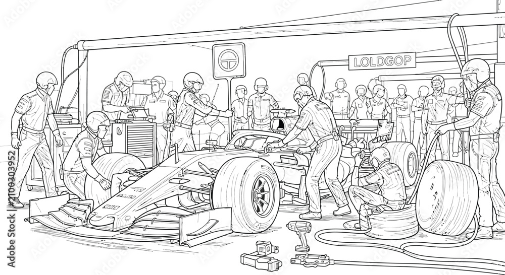Fototapeta premium Formula 1 Pit Stop Action - Racing Team Crew Changing Tires