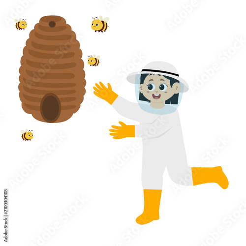 little kid wears complete personal protective clothing to collect honey from the beehive