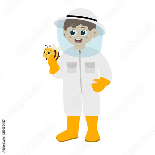 little kid wears complete personal protective clothing to collect honey from the beehive