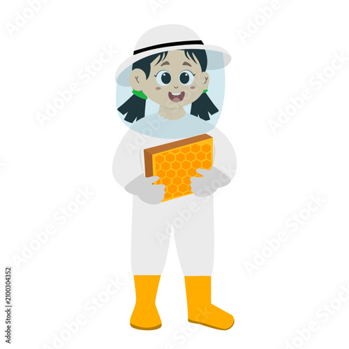 little kid wears complete personal protective clothing to collect honey from the beehive