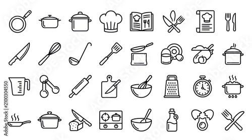 Various kitchen utensils and tools icons are displayed on a surface.