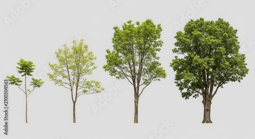 Sequence of deciduous tree growth stages from a young sapling to a fully mature tree with lush foliage isolated on a neutral background, deciduous, stages, nature