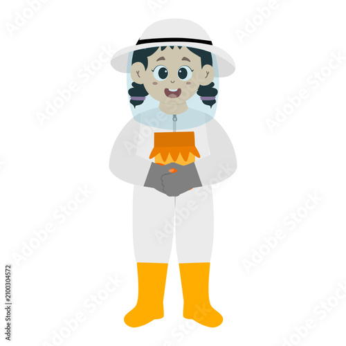 little kid wears complete personal protective clothing to collect honey from the beehive