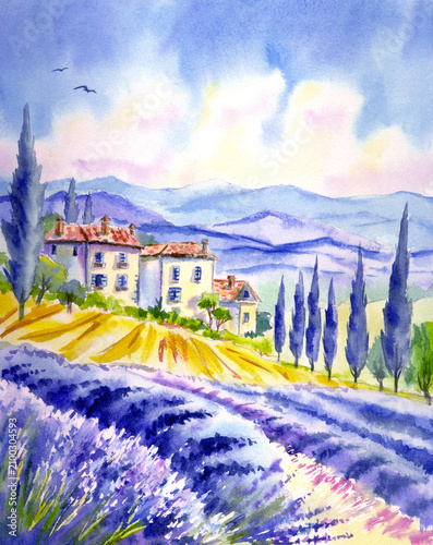 Watercolor Provence-style landscape with houses, cypresses, lavender fields, and clouds. Illustration, print for posters, postcards, and other designs.