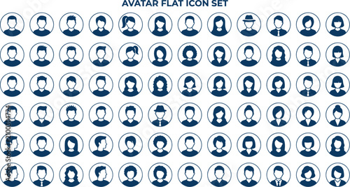 Flat icons display various avatars in a grid on a white background