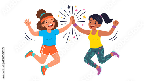 Принти на полотні Friendship and Fitness Celebration: Two energetic girls give each other a high-five, celebrating their active lifestyle and mutual support with joyful leaps and sparkling stars