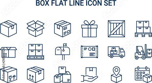 Bild auf Leinwand Flat line icons depict various boxes and packages being delivered or stored in a