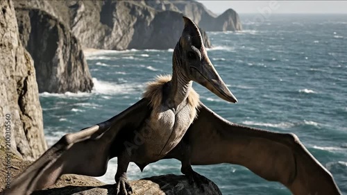 Majestic Pterosaur on Cliffside Overlooking Turbulent Ocean with Dramatic Coastal Landscape, Evoking Prehistoric Adventure and Nature's Beauty